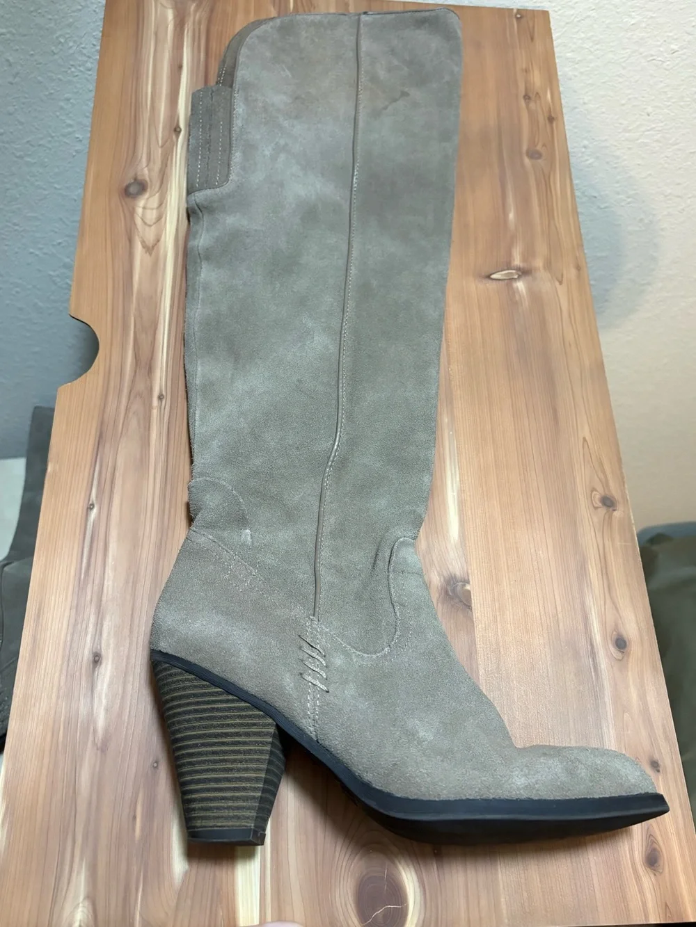 Suede Over Knee-High Block Heel Boots in Taupe